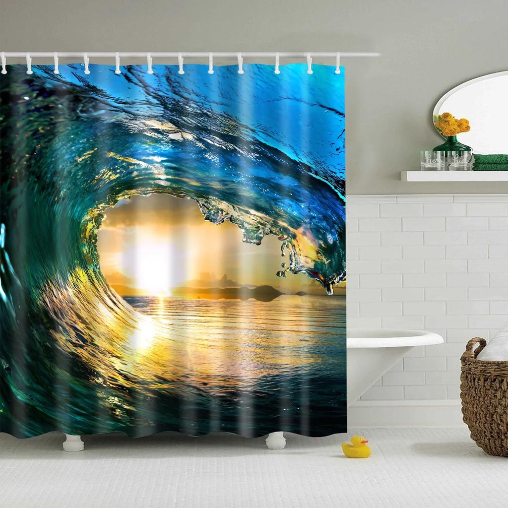 Blue Sky Beach Shower Curtain Modern Scenery Print Bathroom 3D Blackout Curtain Large 180x200cm for Bathroom