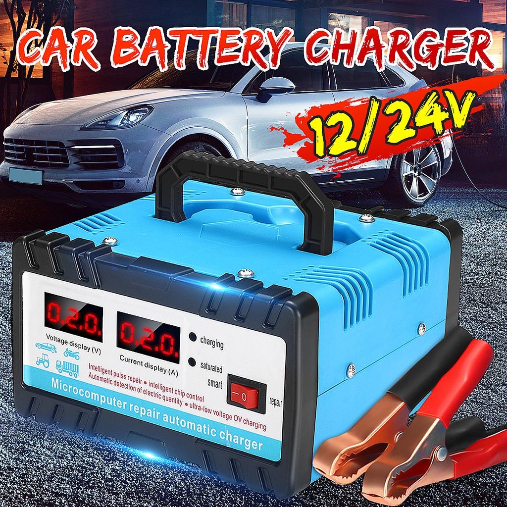 Bilbatterilader Bil Motorsykkel 12V/24V Universal Elektrisk Bilbatterilader Intelligent Puls Reparasjon LED-skjerm