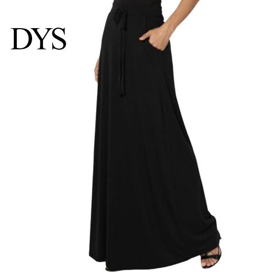 Long Skirt Women Maxi Adjustable Drawstring High-Waisted Solid Color Casual with Pockets Work