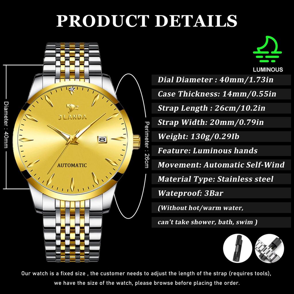 Automatic Self-Wind Men's Watch Luxury Business Dress Watches with Date Display Steel Bracelet Waterproof Luminous Hands