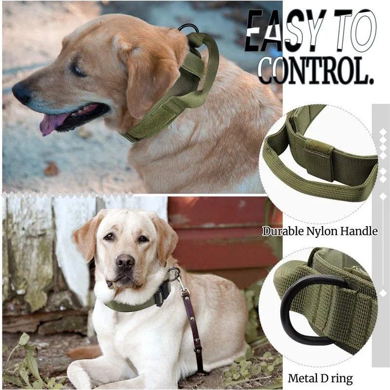 Military Tactical Dog Collar Adjustable Soft Nylon Outdoor Training K9 Collar with Handle and Metal