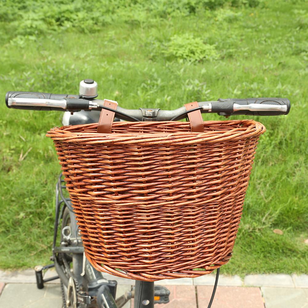 Retro Rattan Bike Front Basket Bicycle Cycling Handlebar Cargo Storage Container  with Belt for Bicycle Parts Accessories