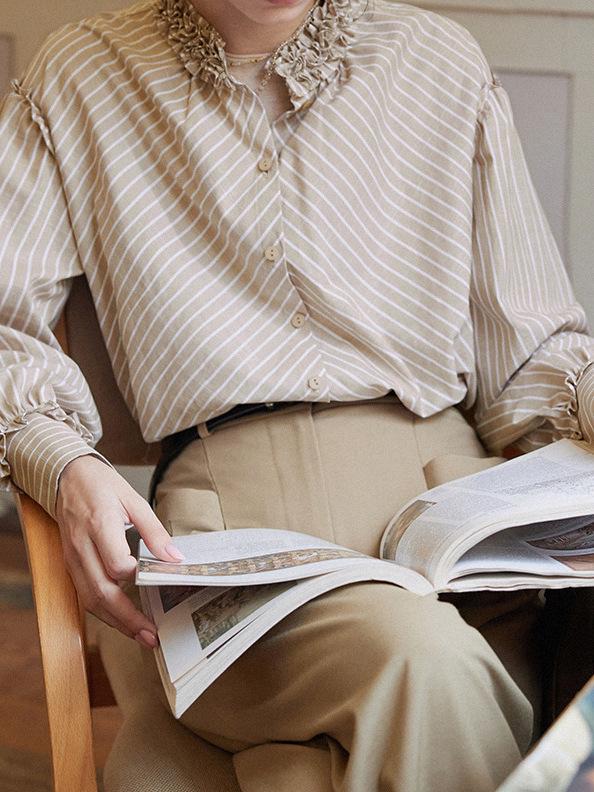 2025 Hepburn Style French Striped Petal Collar Shirt for Women - Unique, Beautiful, Small Top