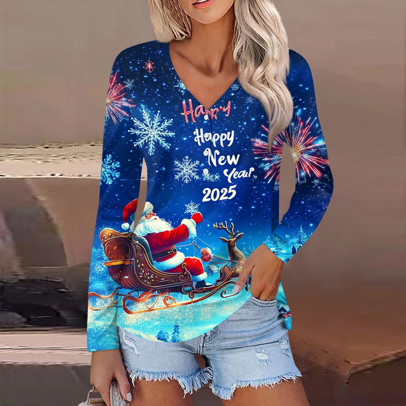 

Женская повседневная мода сексуальный комфорт рождественский принт V-образный вырез пуговицы длинный рукав XL циан