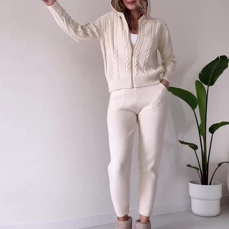Autumn/Winter Cable Knit Hooded Zip-Up Top and Home Set for Women