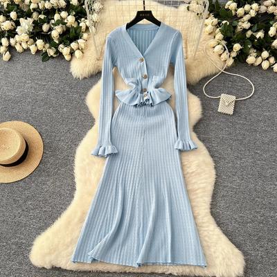 Korean Dresses Womens Outfits Long Sleeve Tunic Cropped Cardigan High Waist Bodycon Tunic  Fashion Knitted Women Dress