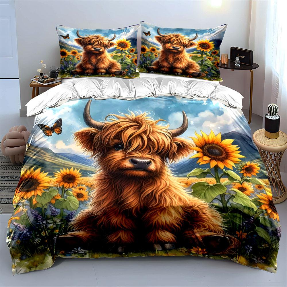 "Highland Cow and Sunflowers" Bedding Duvet Cover Set Duvet Cover Pillowcases (1 * Duvet Cover 2 * Pillowcases, without duvet insert)