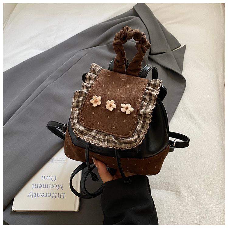 2025 New Cute Polka Dot Backpack Retro Foreign Style Flower Travel Backpack College Style Commuter Handbag