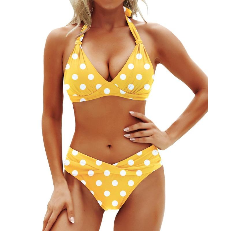 Split swimsuit women's contrasting color neck gathering high waist swimsuit sexy bikini swimsuit women's high sense