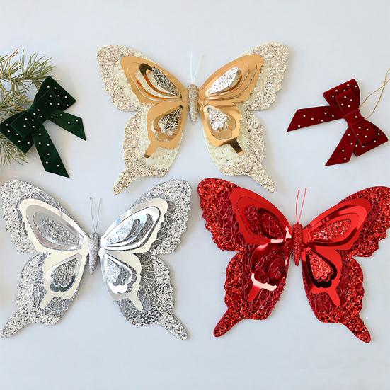 Christmas Tree Butterfly Ornaments 3D Glitter Hollow Butterflies Decoration Xmas Tree Wreath Wall Hanging Decor Home Party Atmosphere Enhancement