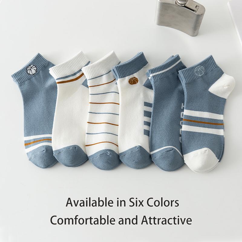 6 Pairs of Men's Spring  Autumn Letter Slogan Striped Basketball Sports Breathable Fashion Versatile College Style Summer Socks