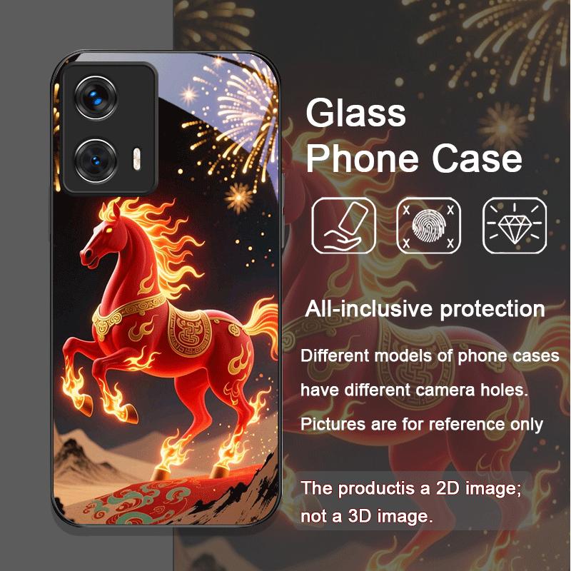 Elegante Custodia in Vetro Temperato Stile Cinese con Stampa Cavallo Rosso per Motorola Moto Edge 50 Fusion 40 Neo 30 Pro G85 G84 G75 Cover