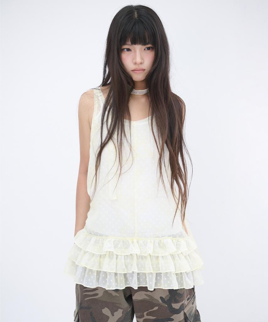Isjabaibeu Dot Chiffon Frill Dress