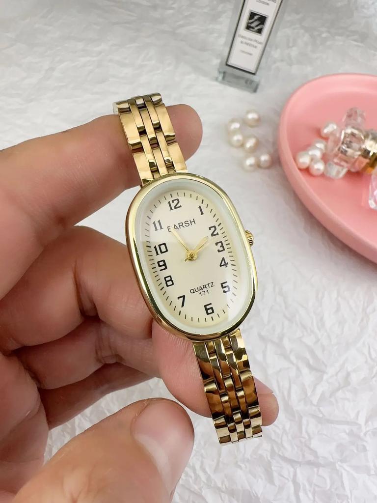 Lyxmode Dam Oval Urtavla Kvarts Klocka Damer Justerbart Rostfritt Stålarmband Armbandsur Dropshipping Relogio Feminino