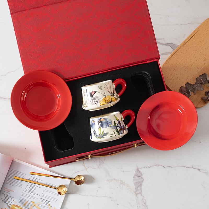 Prosperous Flowers Ceramic Tea & Coffee Cup Set - Luxurious Cup and Saucer Gift Box Souvenir