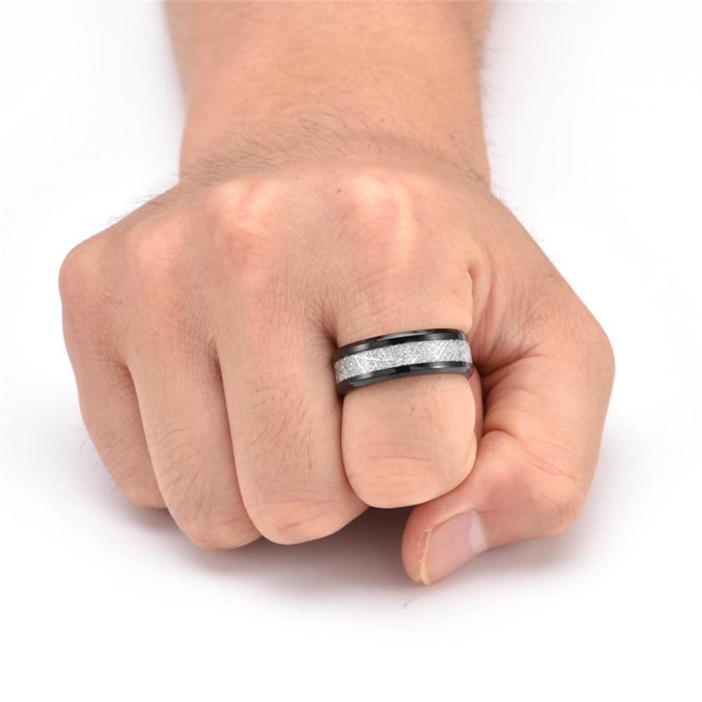 8mm Men Classic Fashion Tungsten Carbide Rings Black Stainless Steel Inlay Polished Meteorite Ring Couple Accessories Jewelry