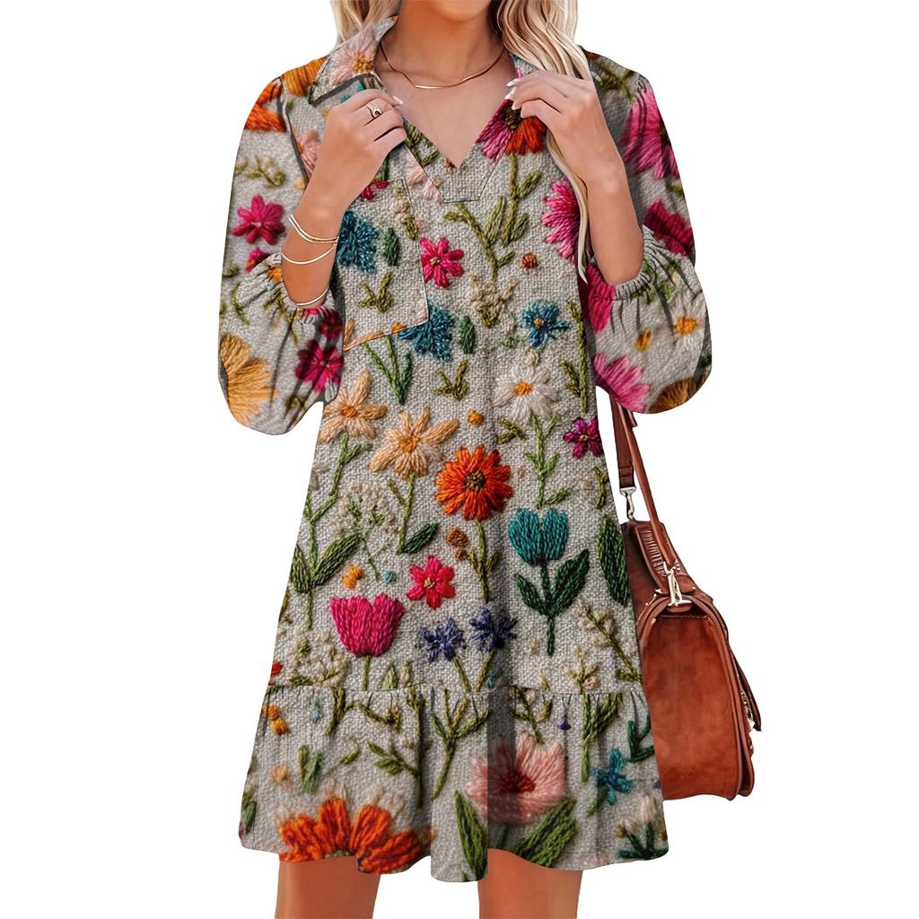 Women's Fashion Elegant Autmn And Winter Long Sleeve V,Neck Christmas Print Dress