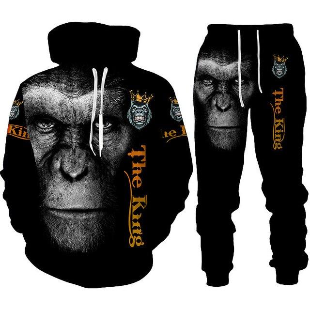 Men Tracksuit 2 Piece Set Autumn and Winter 3d Chimpanzees Printed Hoodies Suit Sport and Casual Male Sweatpants Set Homme