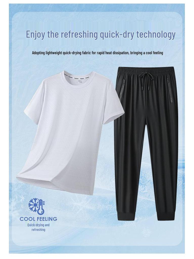 2026 Men's Summer Ice Silk Casual Round Neck Short Sleeve & Long Pants Set