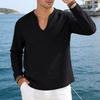 Men Casual Loose V Neck Long Sleeve Linen T Shirt Big Size