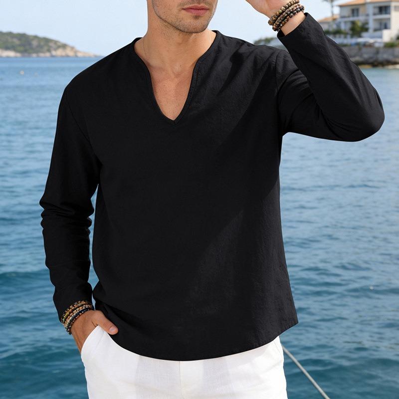 Men Casual Loose V Neck Long Sleeve Linen T Shirt Big Size