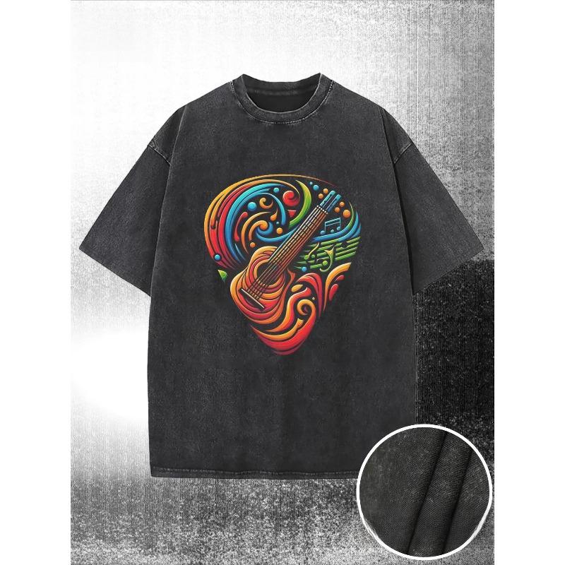 

European Size Washed T-shirt, Petal Shaped Guitar Scratch Print, High-quality Wax Printed Cotton, Machine Washable, with a Certain Thickness 5XL чорний