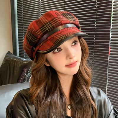 British Octagonal Hat Women'S Plaid Retro Cap Showing Face Small Beret Thickened Newsboy Hat