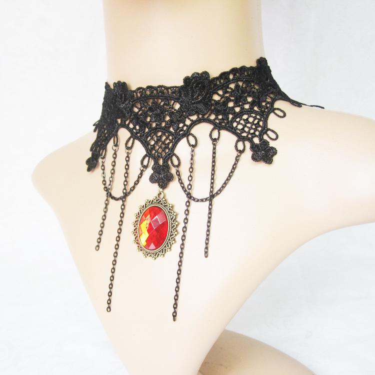 Trendy Black Lace Retro Pendant Crystal Tassel Necklace for Women - European and American Style GY035