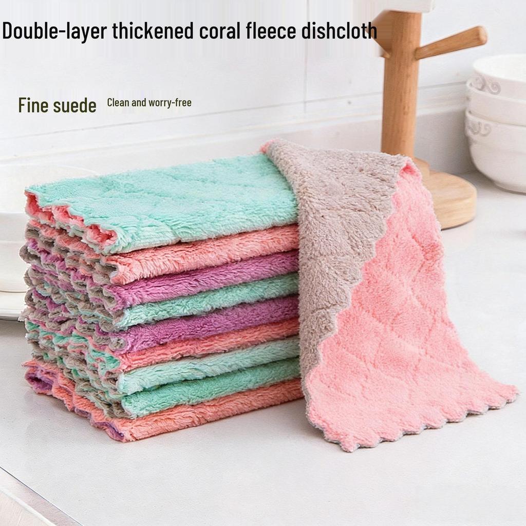 Water-Absorbent, Oil-Repellent Coral Fleece Dish Cloth: Thick, Lint-Free Kitchen Cleaning Tool