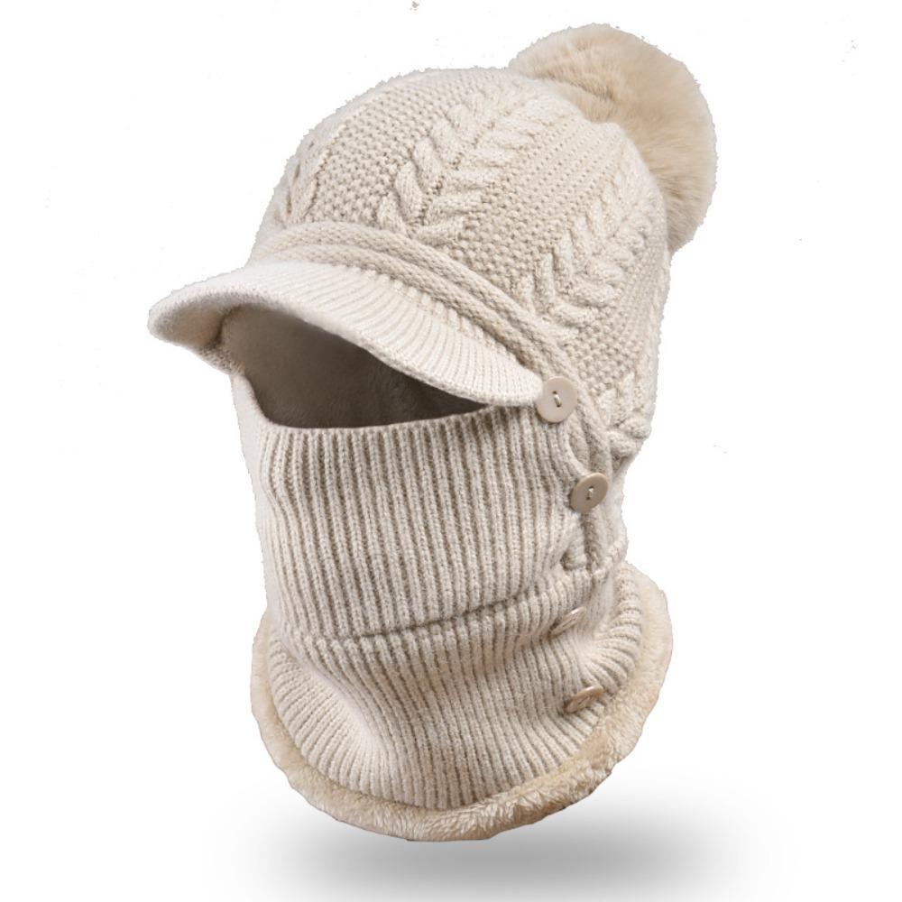 Wool Knitted Women Wool Knitted Hat Thick Face Warmer Pompoms Cap Windproof Winter Ski Hat