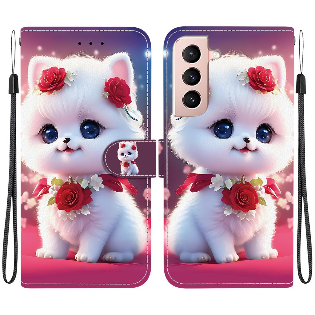 Handmade PU Leather Flip Case for Samsung Galaxy S22+/S22 Plus (SM-S906B) Anti-Slip Shockproof Cover with Wrist Strap & Heart/Rose Cat Designs