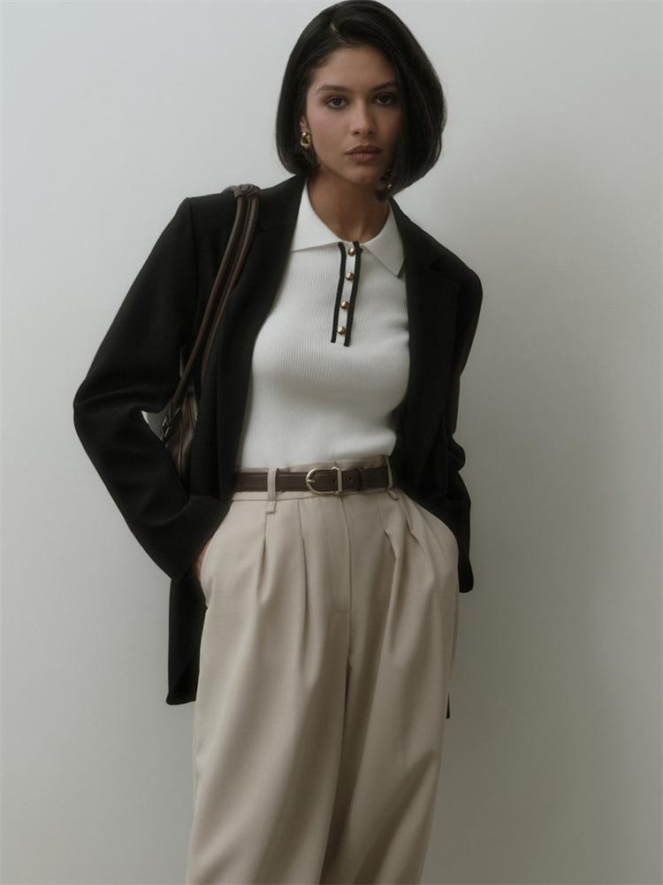 Pletený svetr pulovr dámský krátký rukáv patchwork slim klopa elegantní kontrastní pletenina top dámský úzký žebrovaný pulovr