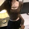 T-shirt da Donna a Manica Lunga con Stampa Leopardata, Vestibilità Slim, Scollo a U - Stile Europeo e Americano