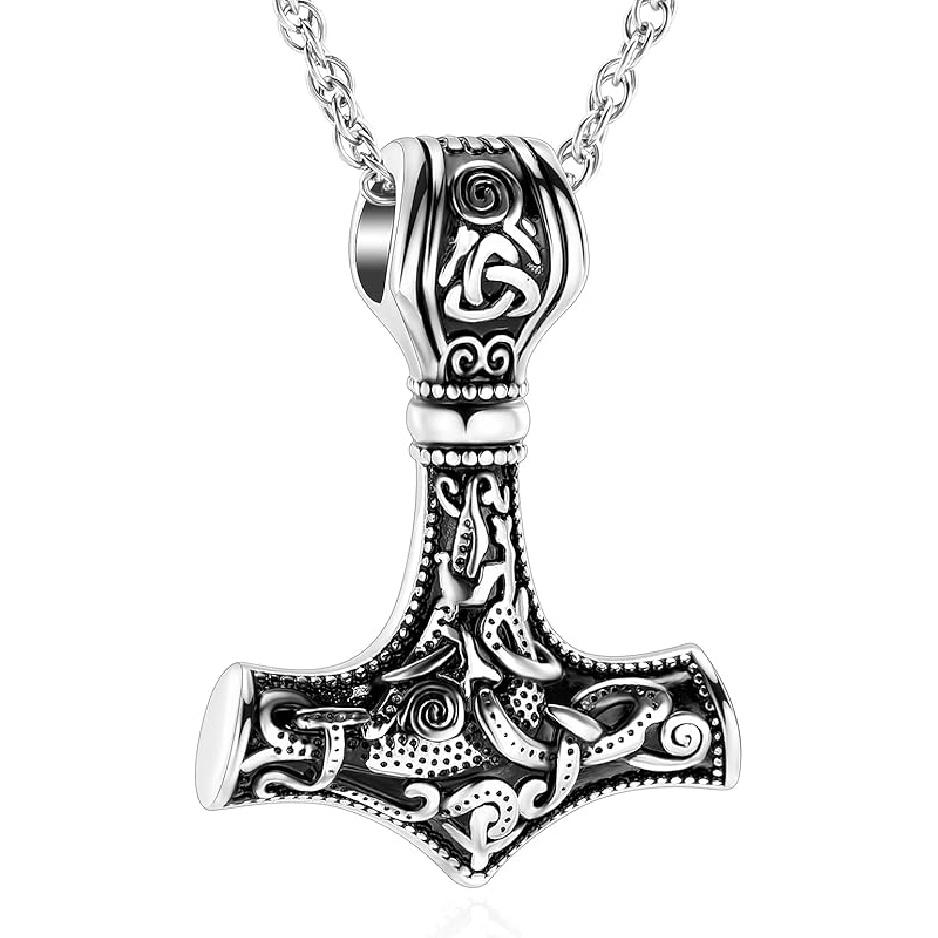 shajwo Mjolnir Thors Hammer Urn Necklace for Ashes for Men Celtic Nordic Viking Cremation Jewelry for Women Keepsake Memorial Ashes Pendant