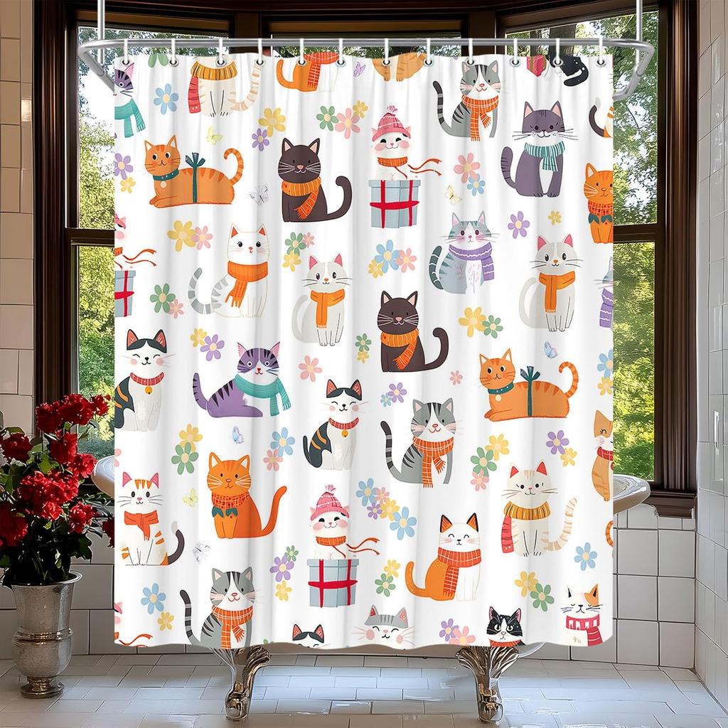 Lustiger Katze Duschvorhang Abstraktes Kätzchen Bunt Niedlich Floral Schmetterling Liebliche Haustiere Cartoon Tier Wildblume Modern Minimalismus