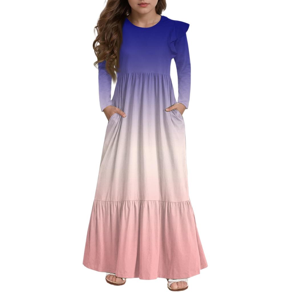 Mädchen Stufenkleid mit Rüschen - Langärmeliges bedrucktes Maxi mit Taschen