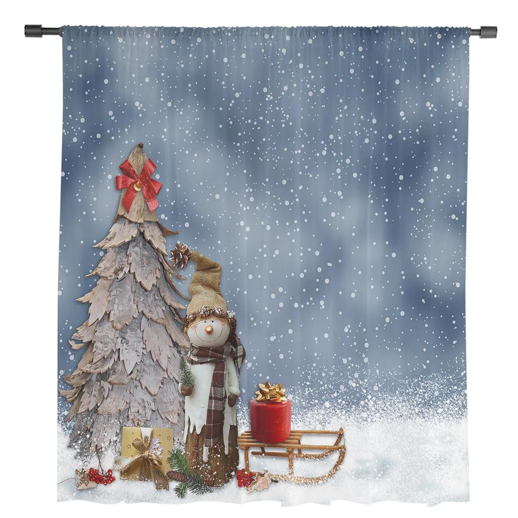Winter Themed Snowman Christmas Tree Tulle Curtains Living Room Bedroom Kitchen Decoration Chiffon Sheer Voile Window Curtains