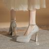 Skinny Pointed Thick Heel Mary Jane High Heels Women's Waterproof Table Satin One-word Button Rice Silver Wedding Shoes Single Shoes