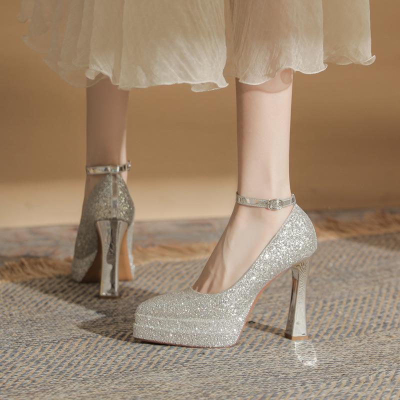 Skinny Pointed Thick Heel Mary Jane High Heels Women's Waterproof Table Satin One-word Button Rice Silver Wedding Shoes Single Shoes