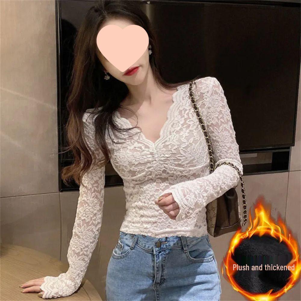 Women's Long-Sleeve V-Neck Lace Base Layer - Fleece-Lined/Unlined Autumn & Winter Sexy Hollow Fashion Top