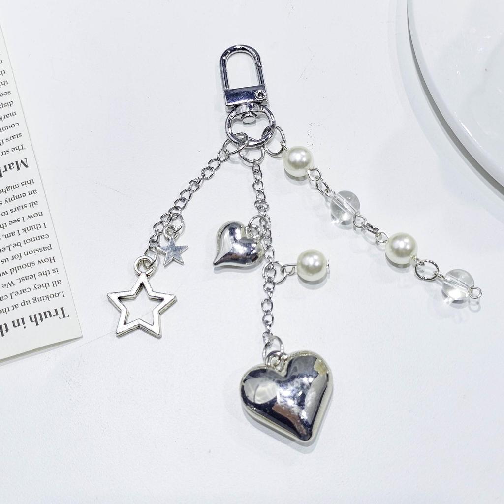 Korean Heart Pearl Bow Chain Pendant Keychain for Mobile Phones