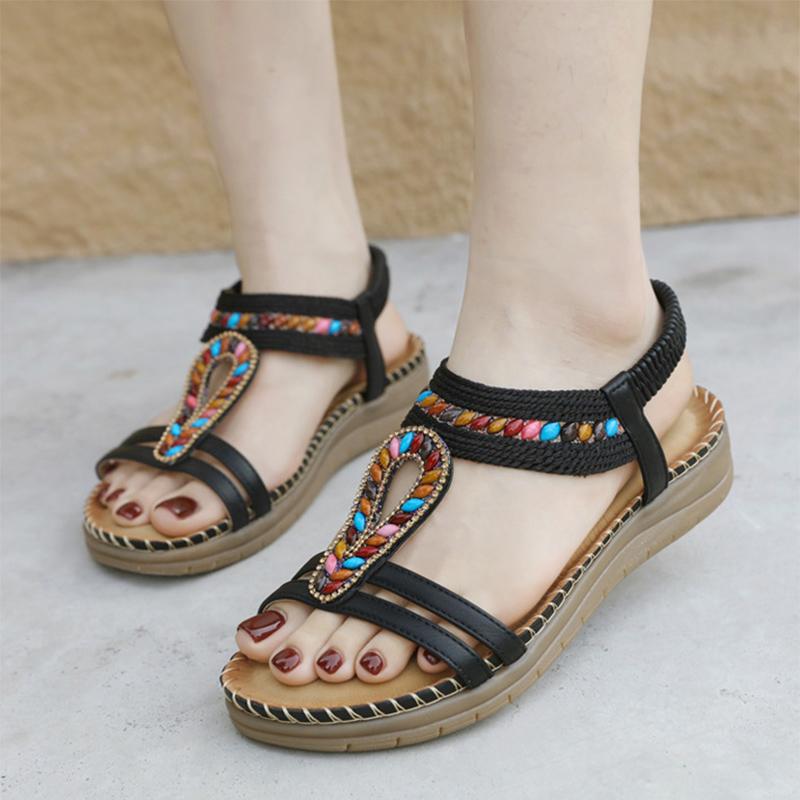 2026 Summer Shoes Women Bohemia Style Sandals Summer Holiday Flat Fashion Brand Ladies Sandals Black Gold Plus Size 42