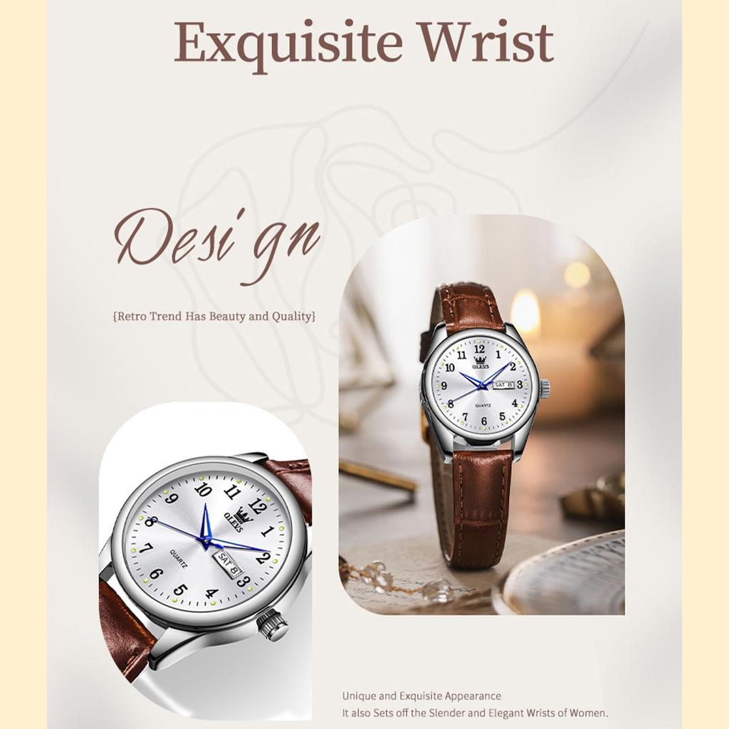 Waterproof OLEVS Popular Arm Watch Analog Quartz Fashion Business Stylish Watch White Dial Cute Watch Leather Strap Watch Lightweight Silver Watch for