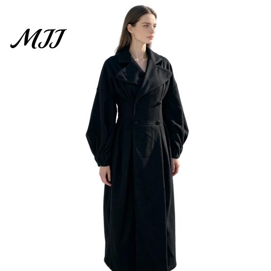 Casual Long Coat Women Wool for Fall Winter, Lantern Sleeve Winter Notch Lapel Overcoat, Double Breasted Trench with Pockets
