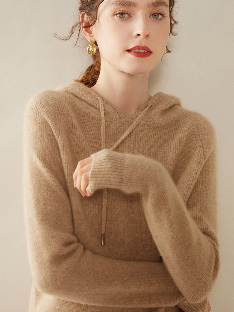 Women's Hooded Cashmere Sweater: Long Sleeve, Thick, Warm, Autumn/Winter Knit, Loose Fit Pullover.