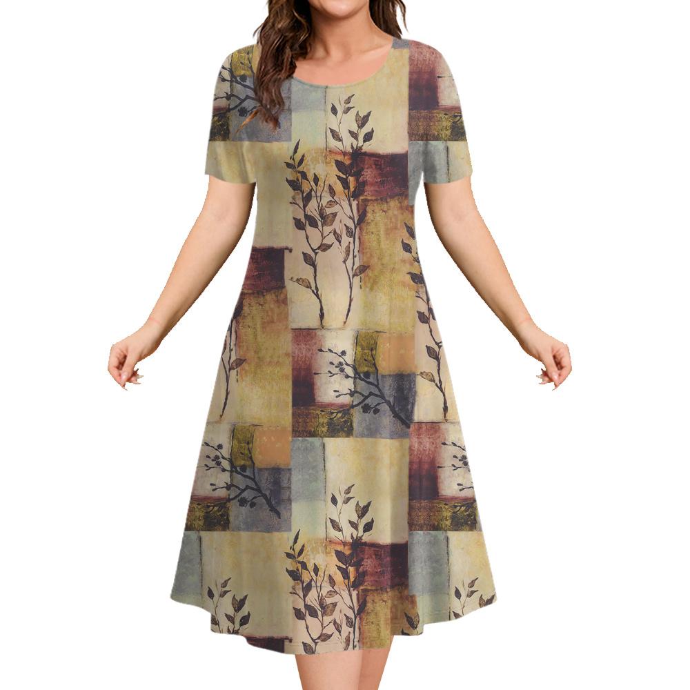 Summer Ladies Retro Casual Dress 3d Printing Loose Round Neck Short-sleeved Dress Suitable for Daily Wear