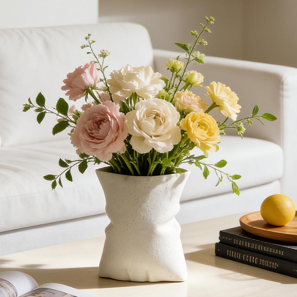 Elegant French Cream Ceramic Vase for Flowers, Light Luxury Home Decor Ornament