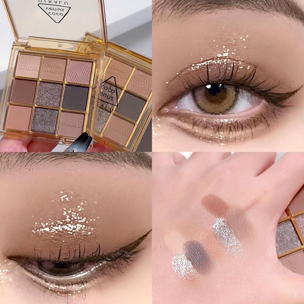 DIKALU 9-Color Earth Tone Eyeshadow Palette - Shimmer & Matte, Transparent Douyin Style.