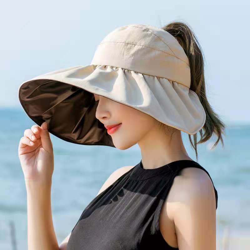 1pc Summer Empty Top Wide Brim Sun Hat for Women Anti UV Sunscreen Ponytail Bucket Hat Female Sun Protection Outdoor Beach Caps