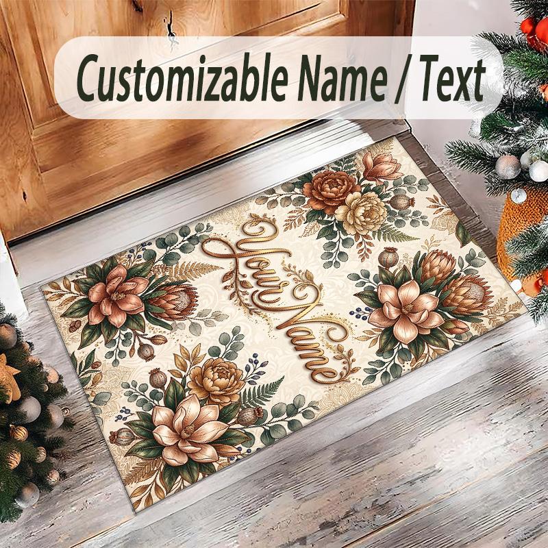 Floral Theme Crystal Velvet Rug Personalized Custom Name Text Soft Floor Mat Home Decor